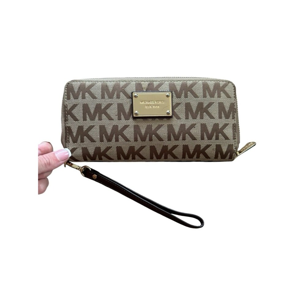 Michael Kors Jet Set Beige and Brown MK Logo Zip-Around Wristlet